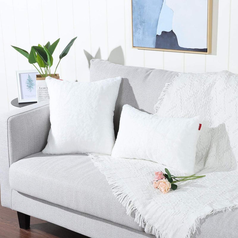 MANDIOO Pack of 2 Pure Snow White Faux Fur Fuzzy Cozy Soft Decorative Throw Pillow Covers Set Lumbar Cushion Cases Pillowcases for Sofa Bedroom Car 12x20 Inches - Image 2